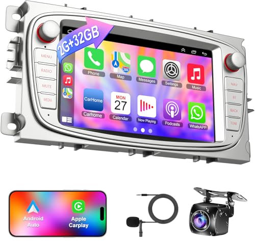 7 Zoll Android 12 Autoradio Für Ford Focus S-Max Mondeo Galaxy C-Max Kuga Wireless Carplay Android Auto Unterstützung WiFi GPS SWC + Rückfahrkamera&Mic