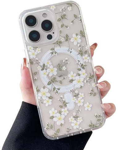 ZTOFERA Magnetic Case for iPhone 16 Pro, Clear Soft Case with Flower Pattern [Compatible with MagSafe Wireless Charging],Shockproof Protective Phone Cover for iPhone 16 Pro 6.3 - Big White Flower