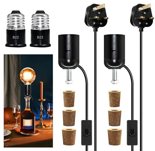 Black E27 Bottle Lamp Kits, 2Pcs 7.87Ft Bottle Lamp Adaptor Kit, Lamp Kits for Do It Yourself Wine Bottle Table Lamp, Lamp Fittings Kit for Table Lamp, 3 Types Bung for Various Bottles, for Bedroom