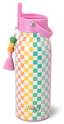 Swig Life Isolierte Wasserflasche, Reise-Wasserflasche mit Strohhalm und Deckel, Becherhalter-freundliche Wasserflaschen, Edelstahl (Check Mate)