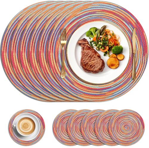 HEYOMART Round Placemats and Coasters Set of 6, 34cm Braided Woven Place Mats Washable Table Mats and Coasters Sets Heat Resistant Table Mats for Kitchen Dining Table Home Restaurant, Rainbow Red