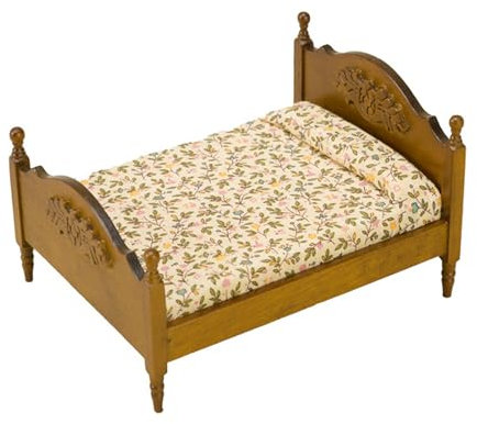 Quintrost Miniatur Puppenhaus Bett Puppenbett Ornamente, 1:12 Puppenhausbett Dekoration Möbel Set, Simulierter Bett Holz Mini Ornament Modell, Puppenmöbel Zubehör Deko