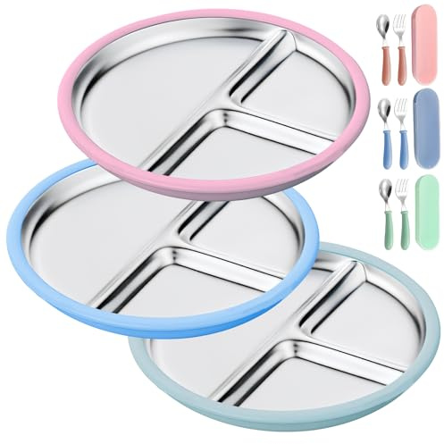 GOEDCH Platos de bebé de acero inoxidable: 3 platos para bebé con ventosa de silicona, 3 cubiertos infantiles con tenedor y cuchara, 3 colores antideslizantes, platos infantiles con división
