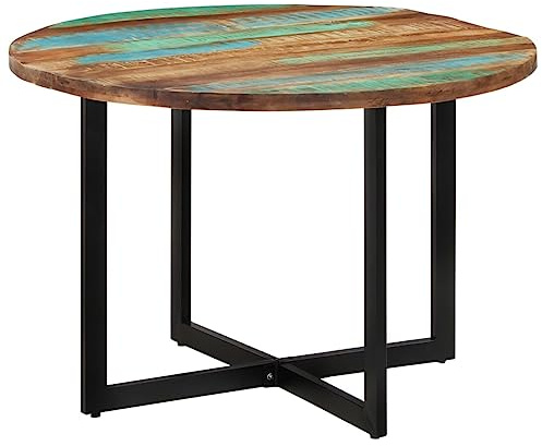 Qnhdfrt Table à manger en bois massif recyclé 110 cm de diamètre 75 cm de hauteur multicolore avec structure en fer revêtu par pulvérisation et plateau de table robuste pour cuisine et salle à manger