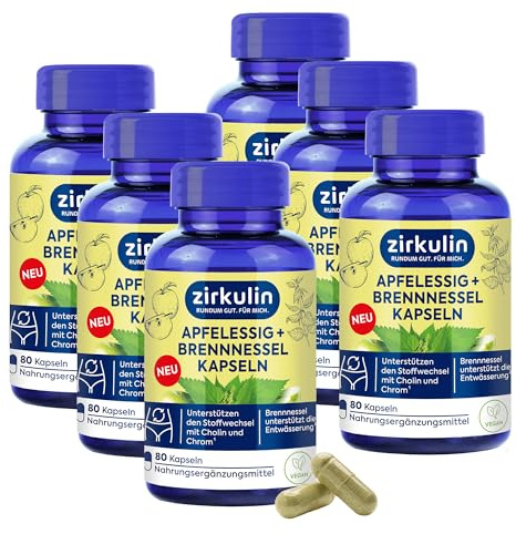 Zirkulin Apfelessig + Brennnessel (6x 80 Kapseln) – Mit Chrom & Cholin für normalen Stoffwechsel – Unterstützt Entwässerung & Nierenfunktion – Vegan, glutenfrei, laktosefrei