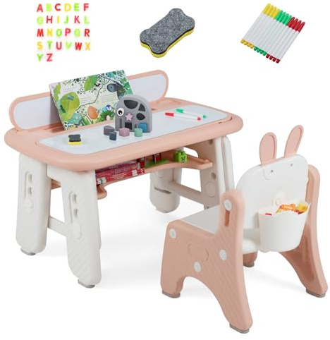 COSTWAY Kindertisch mit Stuhl, Kindersitzgruppe mit Stauraum, Kinder Tisch höhenverstellbar mit aufklappbarem Bücherregal & magnetischem Zeichenbrett, Maltisch für Kinder ab 1 Jahr (Rosa)