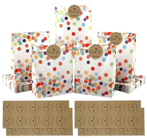 CATZUM 40 Pezzi Sacchetti di Carta, Caramelle a Pois Colorati con 40 Adesivi, Buste Regalo e Sacchettini Bambini, Bustine per Dolci, Confetti e Confezioni, per Compleanni, Matrimoni, Feste, Halloween