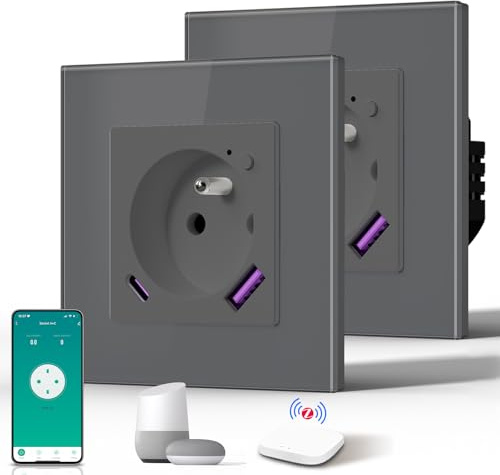 BSEED Prise Connectée Zigbee, Prise Programmable Electrique avec PD 20W TYPE C, Fonction de surveillance énergétique, Compatible avec Alexa/Google Home/Tuya APP(Hub Zigbee Requis), 86mm, 2Pack, Gris