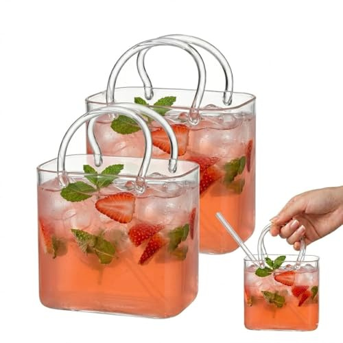 2er-Set Handtasche Trinkgläser Strohhalm,Unique Glass Purse Getränkebecher geeignet für Cocktails,Saft Blumen,Mehrzweck Glas-Geldbörse Wasserglas,Süße Heimbar Party Dekoration,Kreative Geschenke Fraue