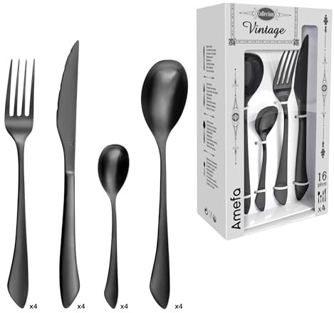 AMEFA - Coffret 16 couverts de table pour 4 personnes - Instinct - Acier inoxydable 18/0, Finition PVD (Physical vapor deposition) - Noir
