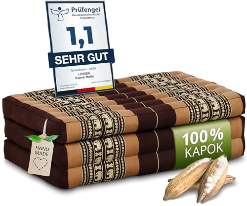 livasia Nachhaltige Kindermatratze aus Kapok - 140x70x8cm - Klappmatratze, Reisebett Kinderbett faltbar, ökologische Yogamatte klappbar, Spielmatte, Liege für Garten und Balkon (Braun/Elefanten)