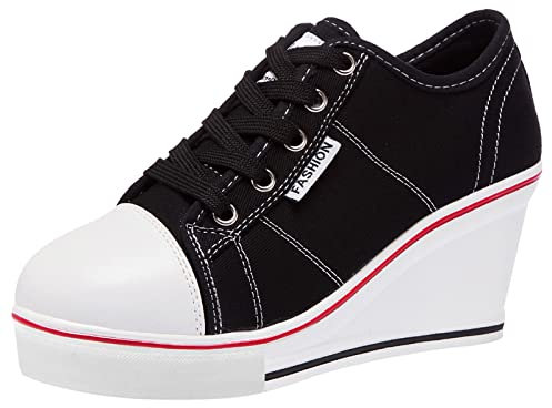 ANUFER Mujer Tacón de Cuña con Cordones Lona Zapatos Deportivos Alpargatas SN02435 Negro EU40