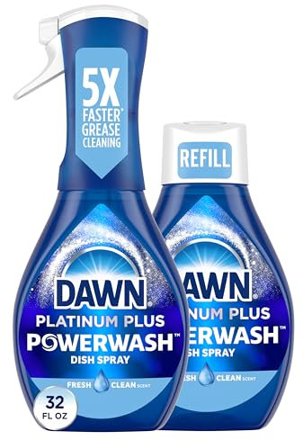 Dawn Powerwash Kit de démarrage en spray, savon à vaisselle platine, parfum frais, 1 kit de démarrage + 1 recharge Dawn Powerwash, 473,2 ml chacun.