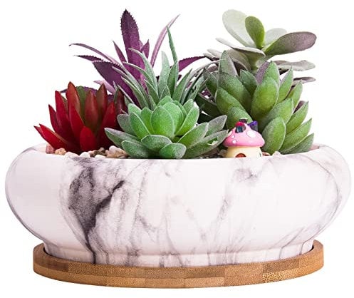 ARTKETTY 18,5 cm Rund Sukkulente Pflanzgefäße Töpfe Mit Drainageloch Bonsai Töpfe Garten Dekorative Kaktusständer Keramik Glasiert Kaktus Blumentöpfe Mit Bambusuntersetzer