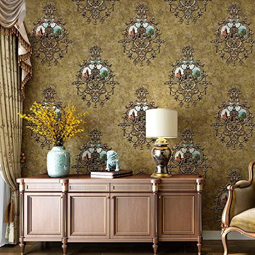 10X0.53M AB European Luxury Damask Stripes 4 Colors Embossed Textured Non-Woven Wallpaper Roll for Bedroom Livingroom 1.73' W x 32.8' L=5.3㎡ (57sq.ft) (Vintage Yellow A Damask)