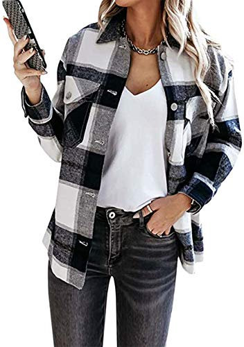 EFOFEI Damen Karo Muster Overshirt mit Plaid Button-down Freizeit Blusenshirt Hemdjacke Holzfällerjacke Elegant Kariert Revers Outwear Schwarz XXS