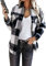 EFOFEI Damen Karo Muster Overshirt mit Plaid Button-down Freizeit Blusenshirt Hemdjacke Holzfällerjacke Elegant Kariert Revers Outwear Schwarz XXS