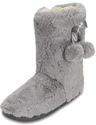Polar Womens Faux Fur Slipper Boots - Memory Foam Indoor Bootie Slipper with Anti-Slip Rubber Sole - Soft and Fluffy House Slipper with Cute Pompoms - Ankle Boot Slippers - Light Grey AYC0902/UK6