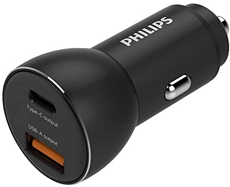 PHILIPS - Autoladegerät DLP2521/00 - USB-A und USB-C Ausgang - Zigarettenanzünder - iPhone Ladegerät - 36W Schnellladung - Schwarz