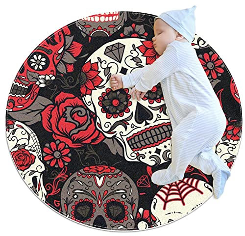 Tapis rond - Motif roses et têtes de mort - Pour intérieur et entrée - Tapis de sol - Tapis de yoga - Pour salon, chambre à coucher - 0,9 m