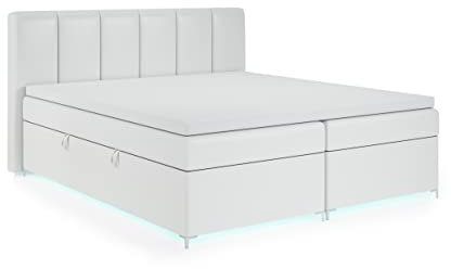 FEDVE Boxspringbett 180x200 Weiß Öko-Leder – Kioto – Schlafzimmer Bett LED mit Matratze – Praktisches Kopfteil Bett mit Bettkasten – Gemütlich und Stabiles Dopplebett mit stauraum