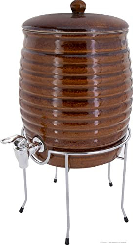 KERAZO Dispensador de bebidas de cerámica, barril, cacerola, recipiente para fermentación de Kombucha, vinagre y aceite, incluye grifo y soporte para ollas de 6 L, color marrón brillante