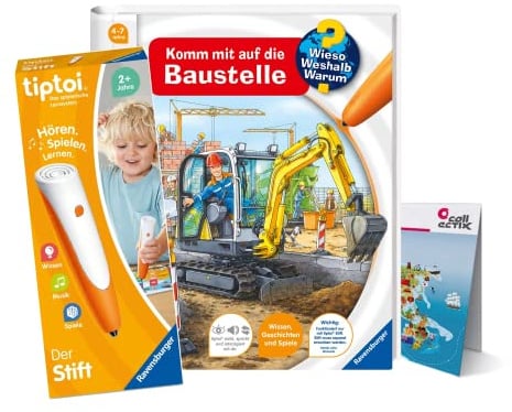 Ravensburger tiptoi Set: Wieso? Weshalb? Warum? Komm mit auf die Baustelle + 00110 tiptoi Der Stift + Kinder-Weltkarte, Lernspielzeug für Kinder