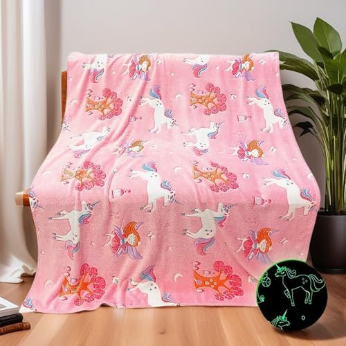 Kuscheldecke Kinder,Einhorn Decke Kuscheldecke Leuchtet im Dunkeln, Einhorn Geschenke für mädchen Super Weiche und Warme Decke (Einhorn-05, 150x200 cm)