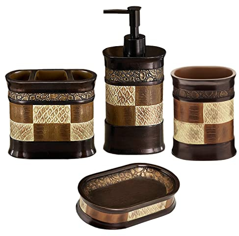 Zahari Home 4pc Zambia Stylish Bathroom Accessories Set Soap Pump, Tumbler, Tooth Brush Holder and Soap Dish Modern Classic Luxury Contemporary Decor Unique Design Animal Western Bath Set