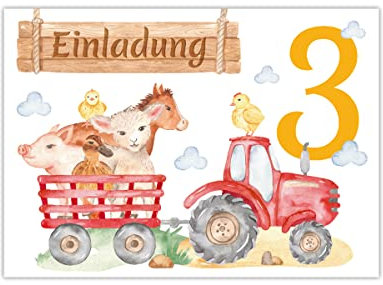 Junapack 12 Einladungskarten zum 3. Kindergeburtstag Einladungen dritte Geburtstag Mädchen Jungen Bauernhof