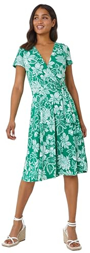 Roman Originals Ring Buckle Wrap Stretch Dress for Women UK - Ladies Autumn Everyday Winter Holiday 3/4 Sleeve Soft V-Neckline Comfy Knee Length Frock Warm Gowns Midi - Green - Size 10