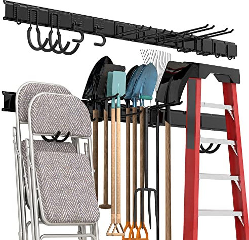 Sttoraboks Garage Tool Storage Rack, Tools Organizer Rack System Wall Mounted Tool Organization with 12 double hooks, 4 rails, Garden Yard Tools Hanger Rack for Ski Gears,Broom,Mop,Rake,Ladder,Chair