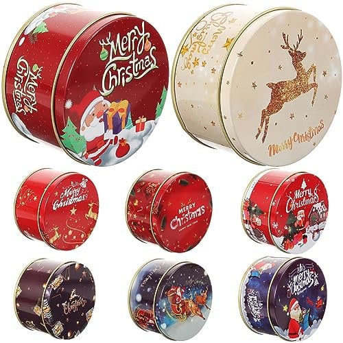 Card Storage Containers 8Pcs Card Tin Boxes Christmas Tinplate Cookie Tins Metal Xmas Candy Box Empty Biscuits Jar Candle Containers with Lids for Sugar Jewelry Snack Storage