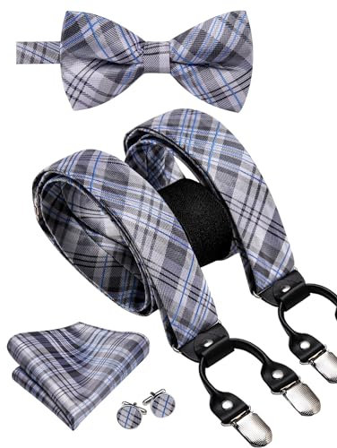 Hi-Tie Herren Hosenträger und vorgebundene Fliege mit Einstecktuch, stark, verstellbar, 6 Clips, Y-Rücken, Herren-Hosenträger, Grau kariert, M