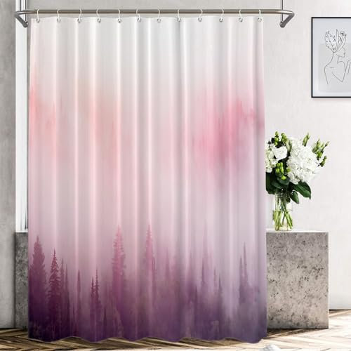 Shrahala Dekorativer Duschvorhang, Wald bei Sonnenaufgang, Wald im rosa Nebel bei Sonnenaufgang, Badezimmerdekoration, Polyesterfaser, wasserdicht, mit Kunststoffringen, für Duschkabine, Badewannen,