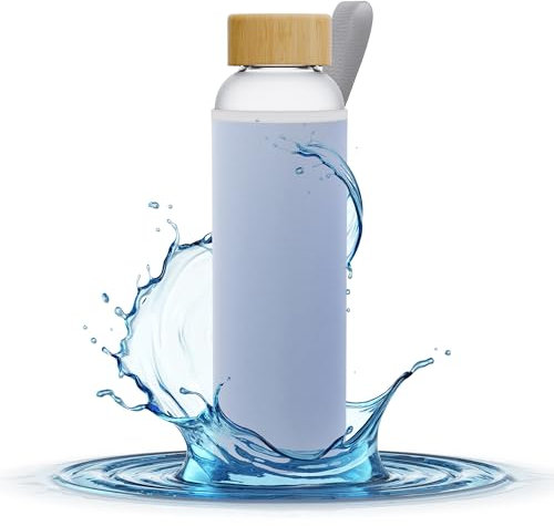 Aquafloow Wasserflasche aus Borosilikat Glas 700 ml mit Neoprenhülle, Transparente trinkflasche Glas mit Bambusdeckel | Ideal für Büro, Outdoor, Schule, für Kohlensäurehaltige Getränke – Blau