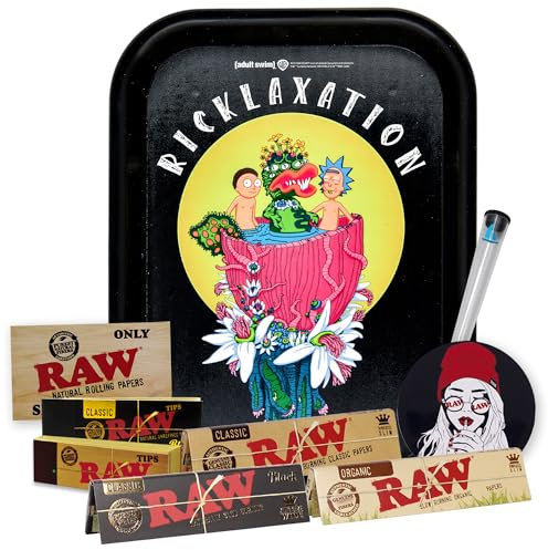Regalo para fumadores Bandeja para liar Rick y Morty 25 x 19 cm + Papel Raw Organic, Black y Classic King Size + Tips + Pegatinas + Portacigarros – Producto oficial.
