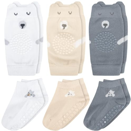 Utensilsto 3 Paar knieschoner baby krabbeln und 3 Paar Baby Socken, Anti Rutsch krabbelsocken baby Krabbelhilfe mit Gummipunkte für 0-24 Monate Jungen Mädchen Baby Krabbeln