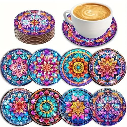 Generic Lot de 8 Dessous de Verre pour Peinture Diamant avec Support, Motif Mandala, Loisirs créatifs pour Adultes, Petits Accessoires de Peinture Diamant Support en métal, Fournitures d'artisanat