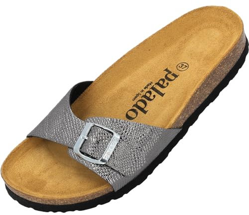 Palado Pantoletten Damen Malta Coralino – elegante Sandalen Made in Spain - bequeme Hausschuhe mit Kork-Fußbett - modische Sommerschuhe Anthrazit UK9 - EU42