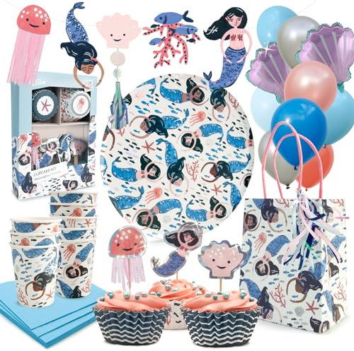 PARTY PARTY 107 Teile glitzerndes Meerjungfrau PARTYGESCHIRR + GESCHENKTÜTEN + CUPCAKE TOPPER + GIRLANDE + BALLONS, 8 Gäste Meerjungfrau Geburtstag Deko Mädchen