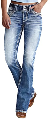 AprPith Damen Bootcut-Jeans mit mittlerer Taille, Reißverschluss, dehnbar, schmal, lässig, Doppelknöpfe, ausgestellte Denim-Hose mit abgenutzter Tasche, blau, S