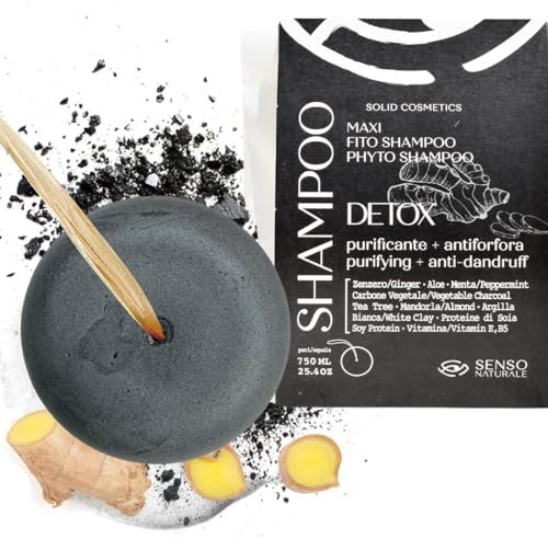 Senso Naturale Festes Shampoo Detox Reinigung Anti-Schuppen und Seborrhoisches Dermatitis für Fettiges Haar, mit Holzkohle, Tea Tree, Ingwer, Kokosnussöl 100% Natürlich und Vegan ph 4,5-5,0 (3)