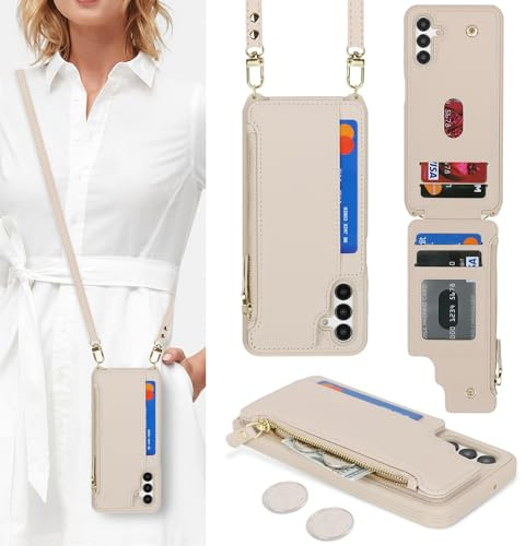 SailorTech Custodia per Samsung Galaxy A15 in Pelle Portafoglio con porta carte di credito, Cover per Samsung A15 Cellulare Regolabile Collana con slot per carte di credito-Albicocca