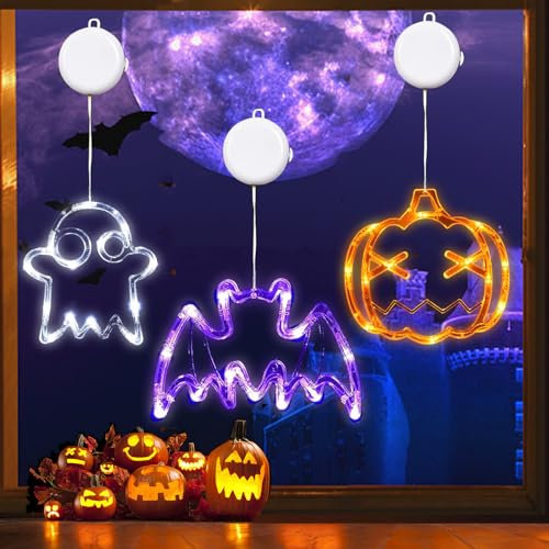 Halloween Fensterdeko, 3er-Pack Orange Kürbis weißes Geist lila Fledermaus mit Saugnapf, batteriebetriebene Halloween Lichter, Halloween Deko Innen, langsamer Fade-Modus und Timer-Funktion
