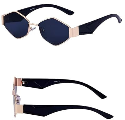 No Name Ltd Kleine sechseckige Damen-Sonnenbrille, eckig, sechseckig, goldfarbener Rahmen, rauchfarbene Gläser, UK 2025, Schwarz / Gold