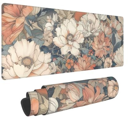 Tapis de souris à motif floral japonais XL 80 x 30 cm, art esthétique minimaliste, blanc, corail, rose, grand tapis de souris de jeu étendu, base en caoutchouc antidérapant, bords cousus pour la