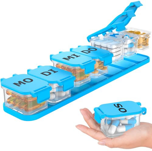 Tablettenbox 7 Tage, Abnehmbar Extra Große Pillendose 7 Fächer Medikamentenbox mit Großen Fächern für Vitamine, Fischöl und Medikamente, Tabletten Wochenbox Leicht Zu Öffnen Pillenbox 7 Tage (Blau)