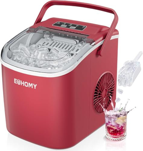 EUHOMY Eiswürfelmaschine, Eiswürfelmaschine Kleine, 9 Eiswürfel in 6 Minuten, Selbstreinigende Eiswürfelmaschine, mit Tragegriff und Eiskorb, 12 KG/Tag, Geeignet für Küche, Zuhause, Camping, RV, Rot