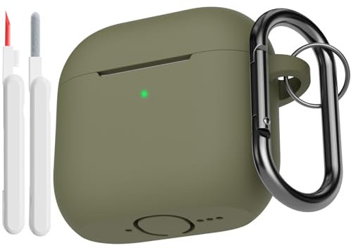 KOKOKA Silikon Hülle Schutzhülle Kompatibel mit AirPods 4. Generation mit Reinigungsset, Stoßfeste Weiche Dünne Schutzhülle Case für Airpods 4 2024 mit Cleaner Kit & Karabiner, Army Green